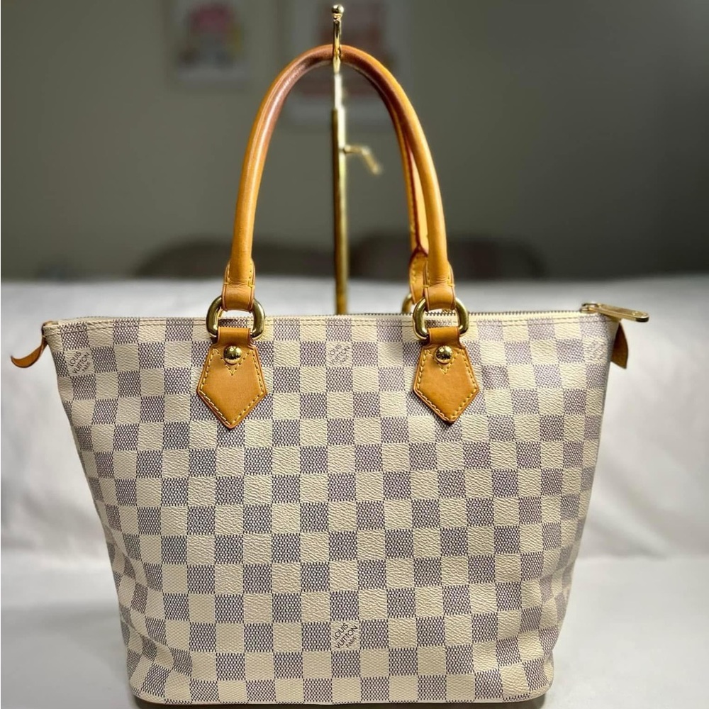 Louis Vuitton Cream Checkered Tote with Tan Leather Handles